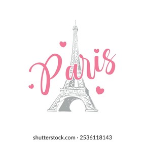 Decorative Paris slogan with Eiffel Tower silhouette and cute pink hearts, vector for fashion, card, poster designs, template for t shirt and wall art prints, toursitic, giftware, souvenir