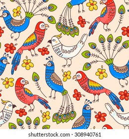 Decorative parrots and peacocks seamless background pattern