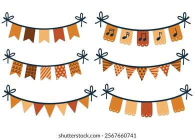 Decorative party buntings. Fun and festive banners for New Year, Christmas, birthdays, baby showers, weddings, parties, and other events. Hand drawn vector illustrations.