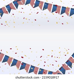 Decorative party flags with Confetti Falling. Vector flag garland for usa independence day. Party Background with Flags Vector Illustration. EPS10. July 4th theme paper garland on white background