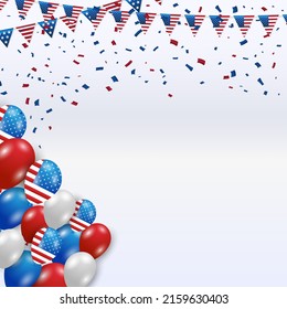 Decorative party flags with Confetti Falling. Vector flag garland for usa independence day. Party Background with Flags Vector Illustration. EPS10. July 4th theme paper garland on white background