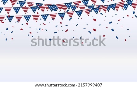 Decorative party flags with Confetti Falling. Vector flag garland for usa independence day. Party Background with Flags Vector Illustration. EPS10. July 4th theme paper garland on white background