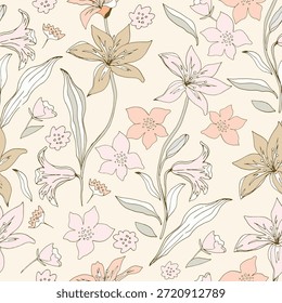 Decorative Pastel Flowers  Decorative seamless pattern. Repeating background. Tileable wallpaper print.
