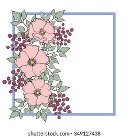 Decorative pastel square border with tenderness wild rose flowers, berries and leaves. Vector EPS 10.