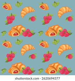 Decorative pastry and fruit pattern featuring flaky croissants, juicy raspberries, and leaves in repeating sweet design