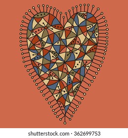 Decorative patchwork heart with a colorful desaturated pattern on a pink background. Vector illustration