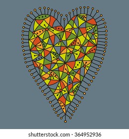 Decorative patchwork heart with a colorful pattern on a grey background. Vector illustration