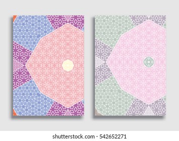 Decorative patchwork patterns set, colorful decoration. Vector quilt background. Geometric line elements. Vintage tribal ethnic ornament for textile or paper print. Fashion collection, size a4