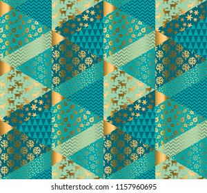 Decorative patchwork style mosaic Christmas seamless pattern for background, wrapping paper, fabric, surface design. Geometric textured decorative repeatable motif 