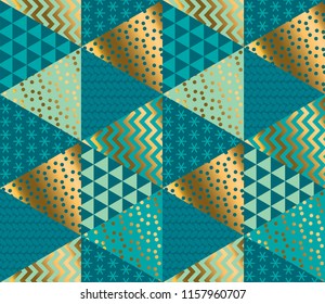 Decorative patchwork style mosaic Christmas seamless pattern for background, wrapping paper, fabric, surface design. Geometric textured decorative repeatable motif 

