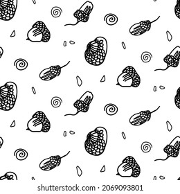 Decorative pattern with acorns in the style of doodle on a white background. Seamless hand-drawn forest-themed illustration.