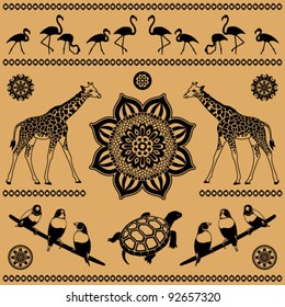 decorative pattern from animals and birds on a beige background