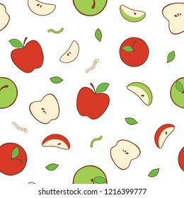 Decorative pattern of apples, halves and slices, with leaves and earthworms. Flat minimalistic modern style, isolated on white. Concept of beauty and youth. Nice for wrapping paper, packaging, textile