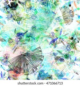 Decorative pattern. Artistic seamless pattern for fabric, printing. White background, blue, black and sea green elements