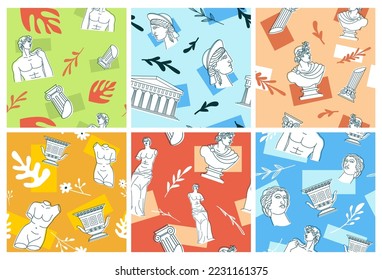 Decorative pattern background with sketch sculpture. Classical hand drawn architecture elements and monument decoration, vector illustration. Colorful design with antique culture figures