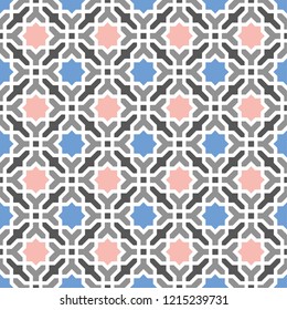 Decorative pattern for the background, tile and textiles.
It is assembled from modular parts. Vector. Seamless.