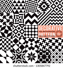 Decorative pattern for the background, tile and textiles. It is assembled from modular parts. Vector. Seamless. Set. Black and white. Scandinavian.