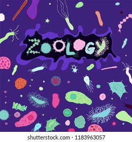 Decorative pattern with bacterias and viruses. Editable vector illustration in hand-drawn style. Biological creative background with unique lettering  in light blue, pink, green, violet colors.