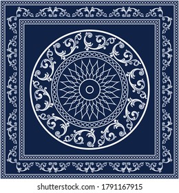 Decorative pattern with  baroque motif and chains on navy blue background. EPS10 Illustration.