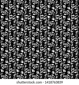 Decorative pattern in black and white with a kind of figures, letters, or abstract signs arranged on vertical strips. Textile print. Carpet texture. Vector illustration.