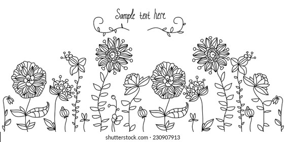 decorative pattern black white line flower meadows field,garden flowers