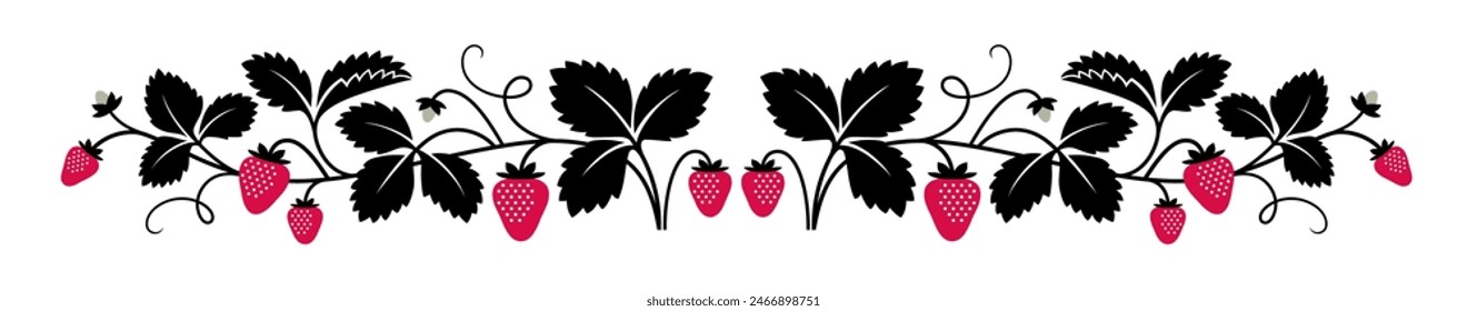 Decorative pattern or border with graphic strawberry plant illustration. Ripe summer berry background.