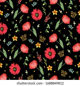 Decorative pattern with bright summer flowers. Folklore motifs, stylization of embroidery. Vector illustration. Manual graphics. Suitable for decorating various surfaces.