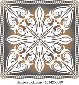 Patrón decorativo de motivos barrocos marrones con flores. Vector de diseño de bufanda Ilustración.