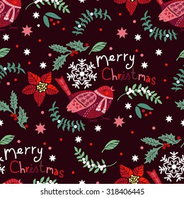 Decorative pattern with Christmas motifs.  Hand drawing. Christmas decorations. Seamless pattern for fabric, paper and other printing and web projects.