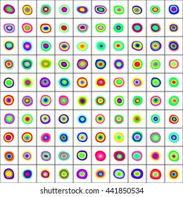 Decorative pattern with colored circles and ovals, dots, target. Hand-drawn.