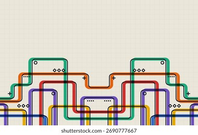 Padrão decorativo de linhas coloridas em estilo de circuito em um fundo de grade, perfeito para tecnologia moderna, temas digitais e projetos de design criativo.