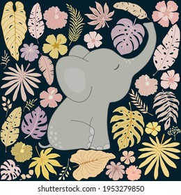 Decorative pattern with cute elephant and tropical leaves and flowers