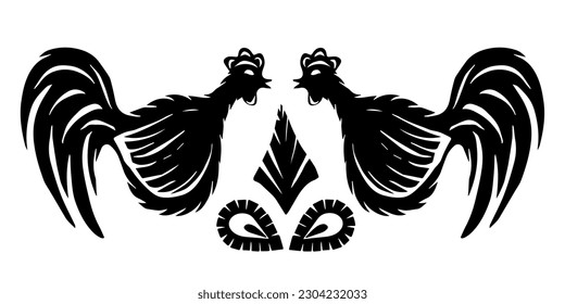 Decorative pattern with cut-out scissors Handmade Cockerels. Stylized roosters are decorated with floral ornaments. Rooster isolated on white background.