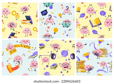 Decorative pattern design set with brain study. Background decoration for education, school concept elements, vector illustration. Cute brain character near cooks, lamp and information