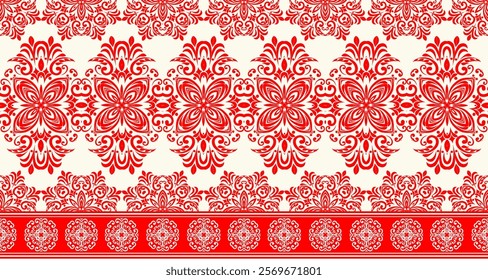 a decorative pattern with a distinct vintage or traditional aesthetic. It features a repeating motif of intricate, curvilinear floral designs in a vibrant red color against a light cream background. 