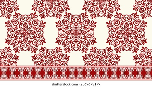 a decorative pattern with a distinct vintage or traditional aesthetic. It features a repeating motif of intricate, curvilinear floral designs in a vibrant red color against a light cream background. 