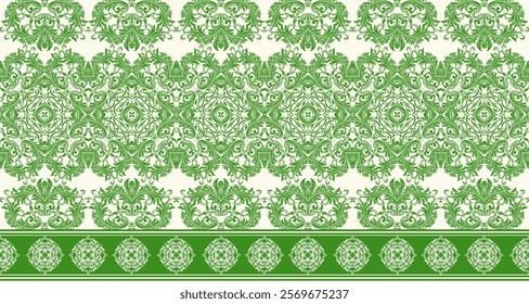 a decorative pattern with a distinct vintage or traditional aesthetic. It features a repeating motif of intricate, curvilinear floral designs in a vibrant green color against a light cream background.