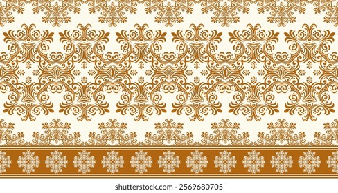 a decorative pattern with a distinct vintage or traditional aesthetic. It features a repeating motif of intricate, curvilinear floral designs in a warm gold color against a light cream background. 