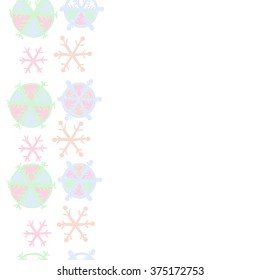 Decorative pattern, doodles, ellipses,objects, seamless,winter, vertical,snowflakes, copy space. Hand drawn.