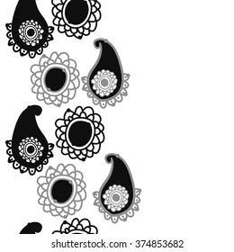 Decorative pattern, doodles, ellipses,objects,ellipses, waves, seamless, vertical,oriental, copy space. Hand drawn.
