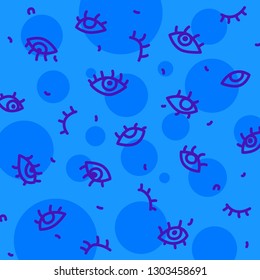 Decorative pattern with eyes on a blue background. Vector. Blue ornament, background. Cartoon style. A set of scenery. Open and closed eyes with circles. Contour drawing for fabric and wallpaper.