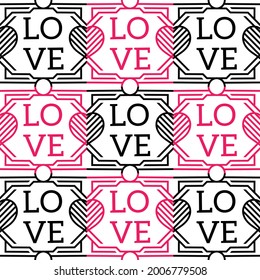 Decorative pattern featuring alternating pink and black "LOVE" text blocks with diagonal striped hearts, arranged in a structured geometric layout with clean lines and symmetry.