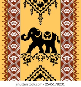 decorative pattern featuring black elephant on yellow background, surrounded by intricate designs and motifs. artwork showcases cultural elements and traditional aesthetics