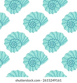 Decorative pattern featuring blue spiraled shells on a white background