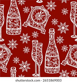 A decorative pattern featuring bottles, glasses, and a clock, al