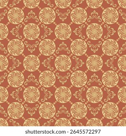 Um padrão decorativo com motivos circulares em amarelo sobre um fundo avermelhado.