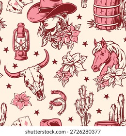 Padrão decorativo com chapéus de cowboy cavalos cacti lanternas e motivos florais. Este design captura a essência do Velho Oeste com um estilo vintage perfeito para eventos temáticos.