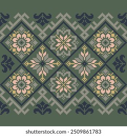 A decorative pattern featuring diamond shapes filled with intricate floral motifs in soft pink, yellow, and green. The design is set against a dark green background, evoking traditional embroidery.