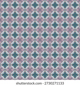 A decorative pattern featuring floral motifs combined with overlapping square frames arranged in multiple alternating layers, with cross-stitch–style flower patterns throughout. The color palette includes pink, green, orange, and navy blue.