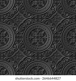 Um padrão decorativo com intrincados desenhos circulares em tons de cinza, adequado para fundos ou têxteis.